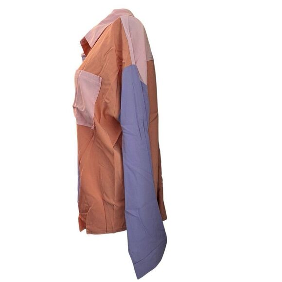Easel Ladies Medium Colorblock Button Up Shirt Autumn Colors Pocket Blouse NWT - Picture 2 of 6